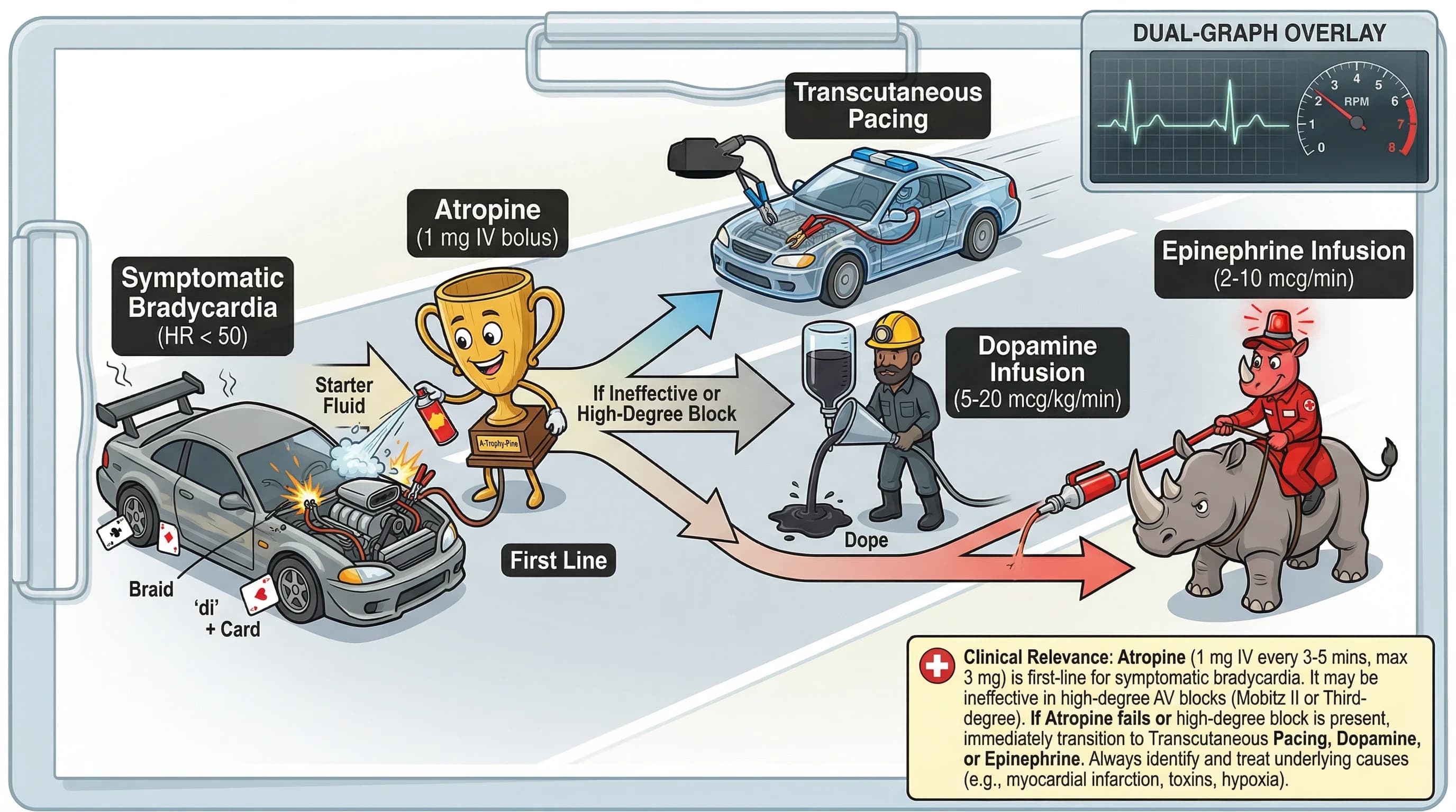 Visual mnemonic for ACLS Bradycardia Algorithm (Atropine Pacing Dopamine Epinephrine) using Automotive Racing / Vehicle Mechanics analogy