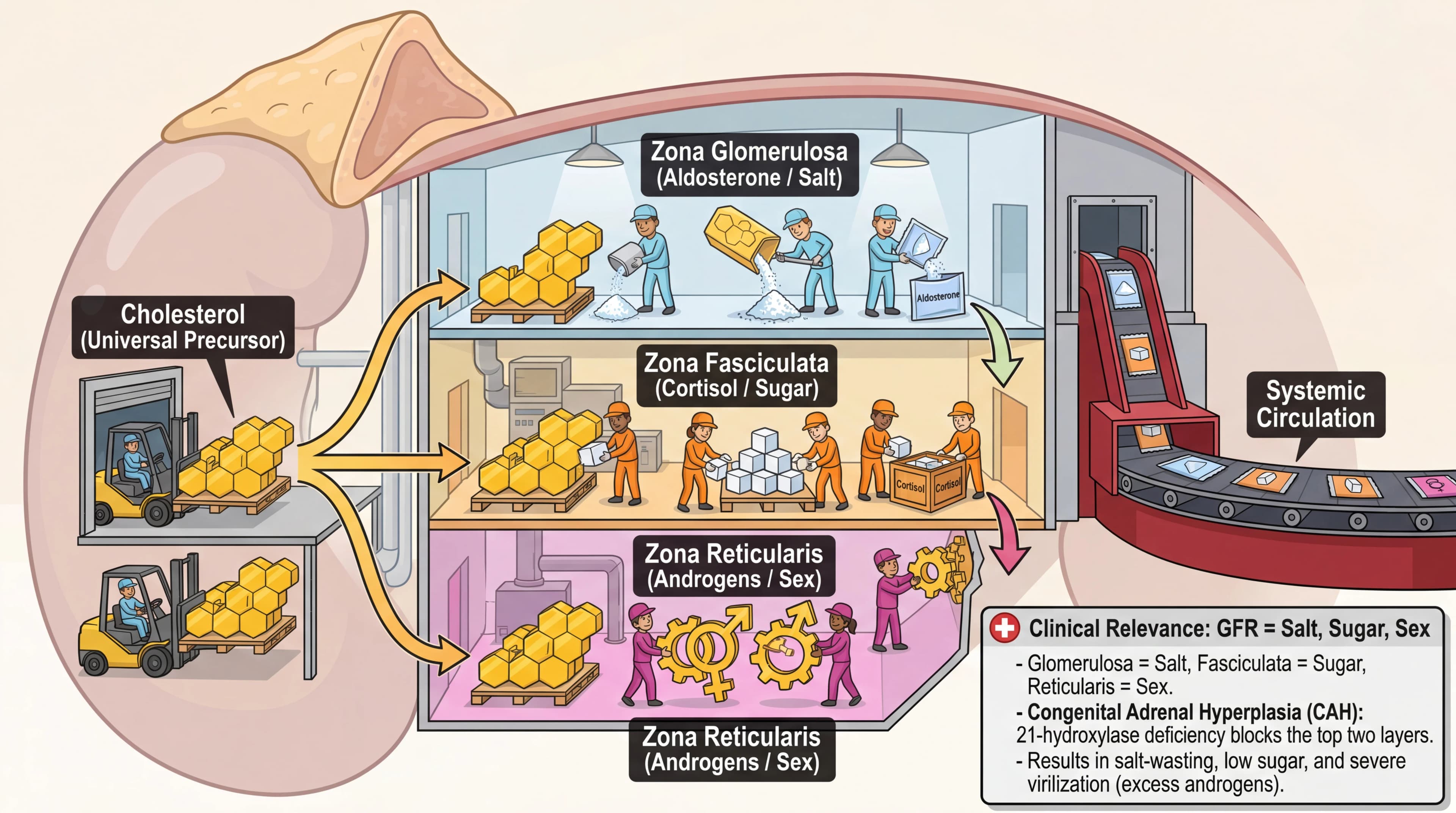 Visual mnemonic for Adrenal Gland Cortex Layers (Zona Glomerulosa Fasciculata Reticularis) using Multi-Level Factory analogy