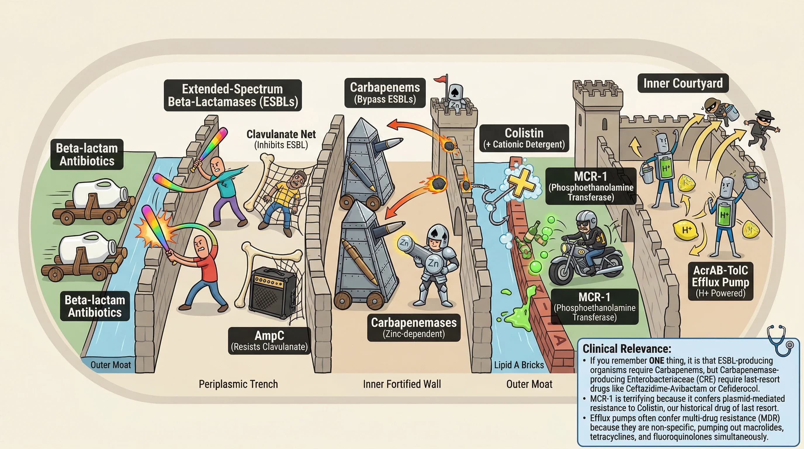 Visual mnemonic for Antimicrobial Resistance Mechanisms (ESBLs Carbapenemases MCR-1 Efflux Pumps) using Castle Siege Defense analogy