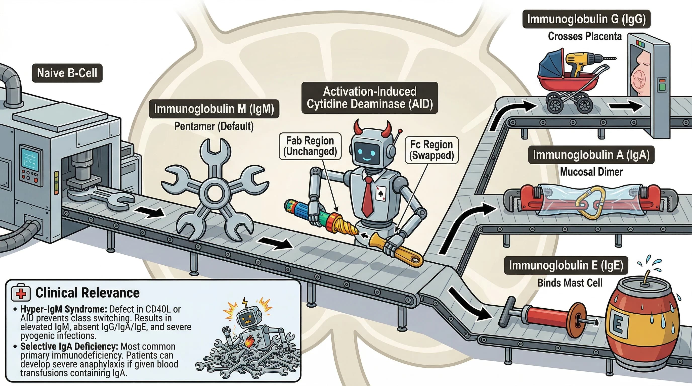 Visual mnemonic for B-Cell Maturation and Antibody Class Switching (IgM IgG IgA IgE) using Factory / Modular Tool Assembly analogy