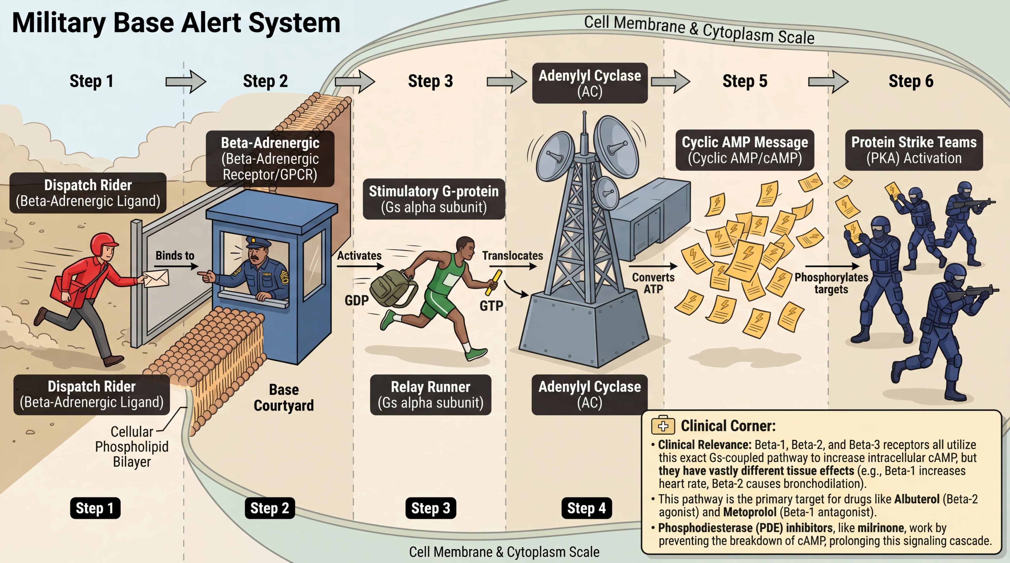 Visual mnemonic for Beta-Adrenergic Signaling (Ligand GPCR Gs AC cAMP PKA) using Military Base Alert System analogy