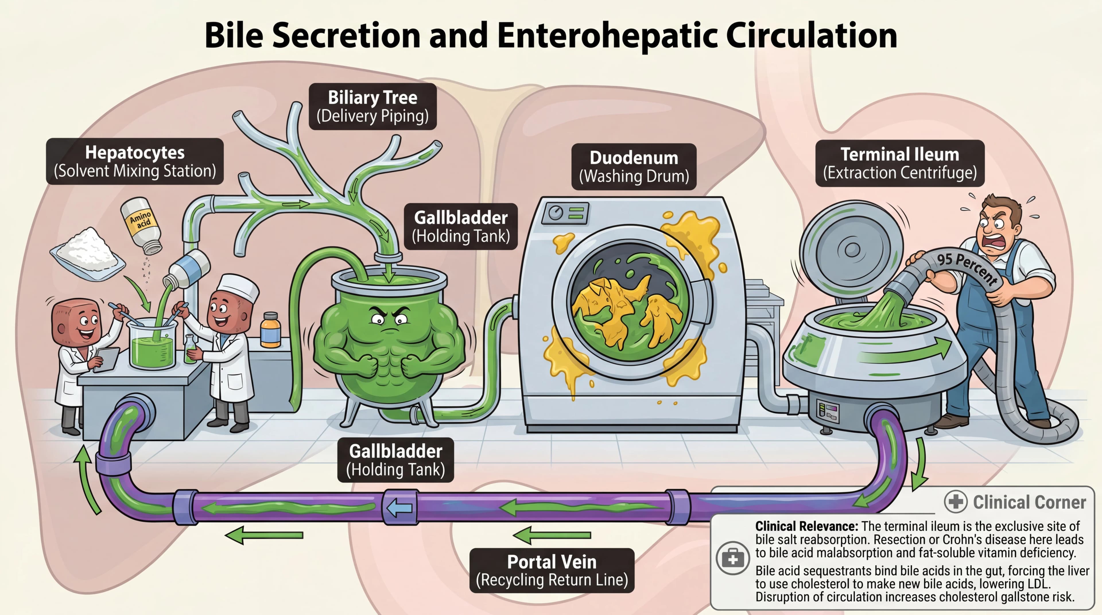 Visual mnemonic for Bile Secretion and Enterohepatic Circulation using Commercial Dry Cleaning analogy