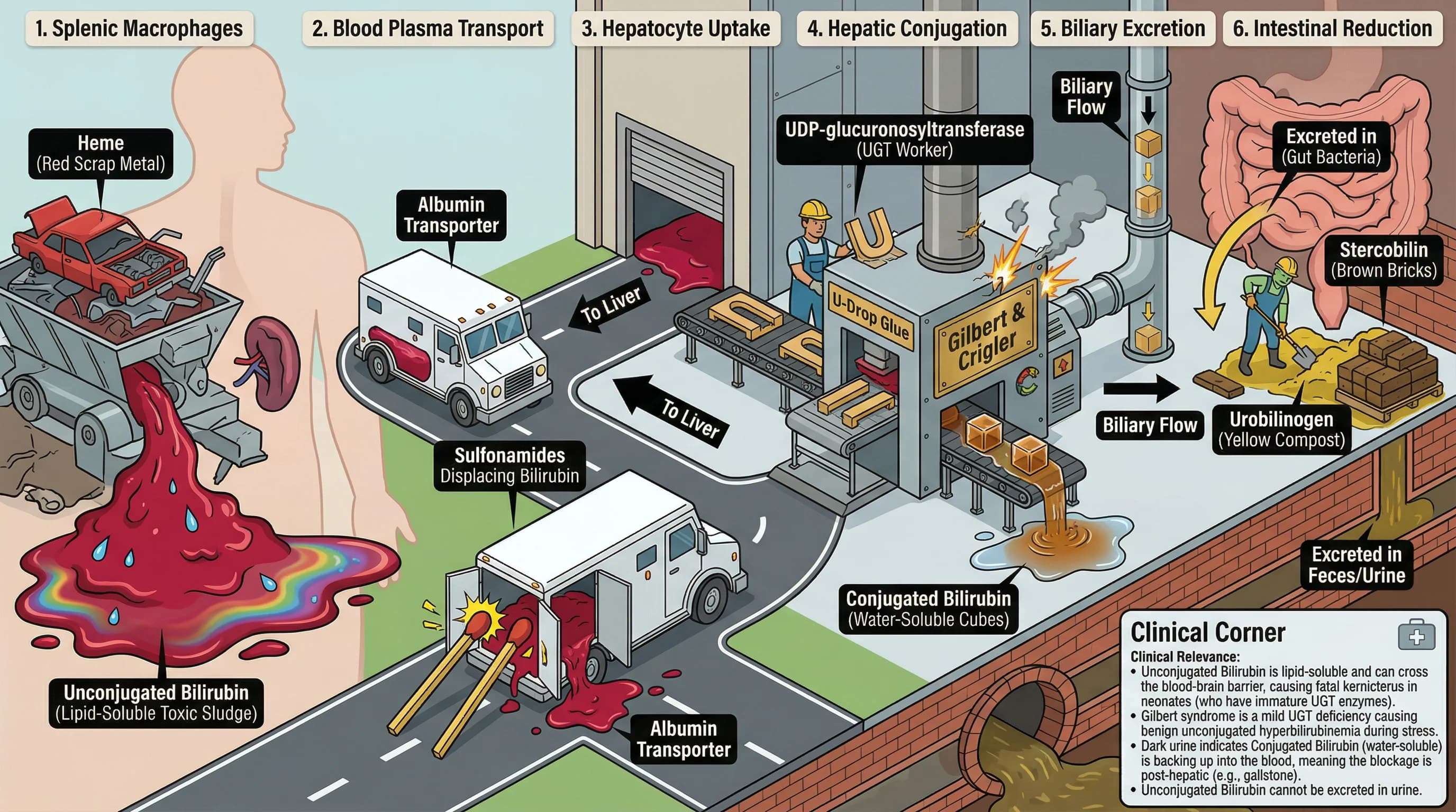 Visual mnemonic for Bilirubin Metabolism Heme Breakdown Unconjugated Hepatic Conjugation Bile Urobilinogen Stercobilin using Waste Management & Recycling Plant analogy