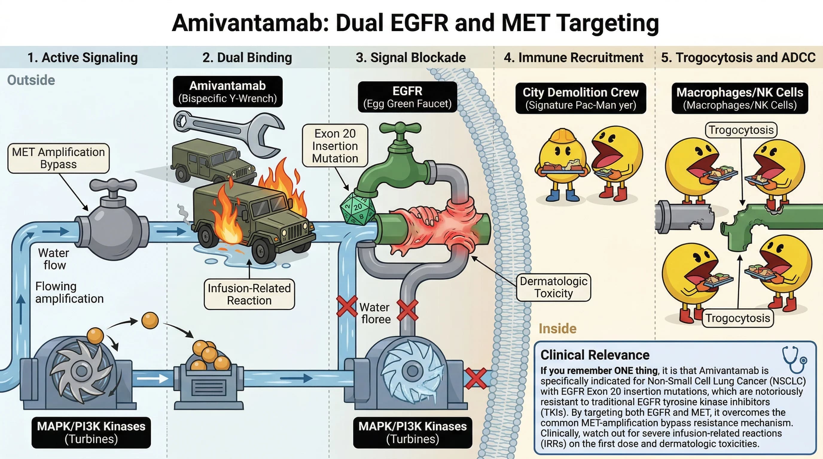 Visual mnemonic for Bispecific Antibodies (Amivantamab EGF plus MET Dual Targeting) using Plumbing / Water Control analogy