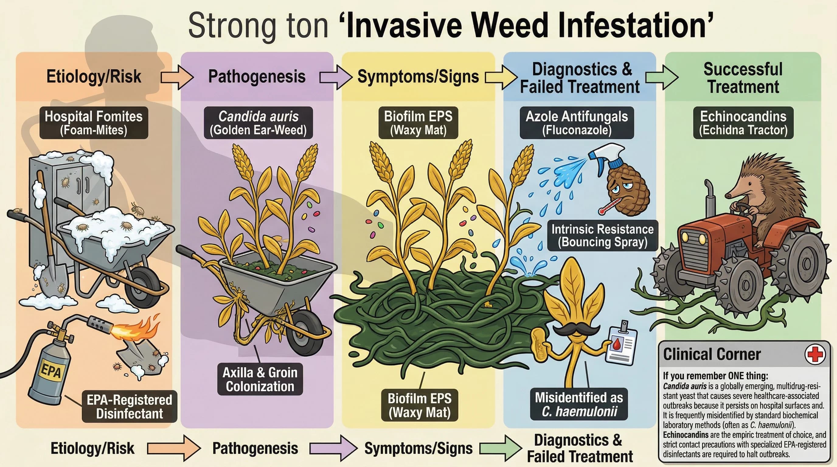 Visual mnemonic for Candida auris (Drug-Resistant Fungal Threat Nosocomial Spread Biofilm) using Invasive Weed Infestation (e.g., Kudzu or Knotweed) analogy
