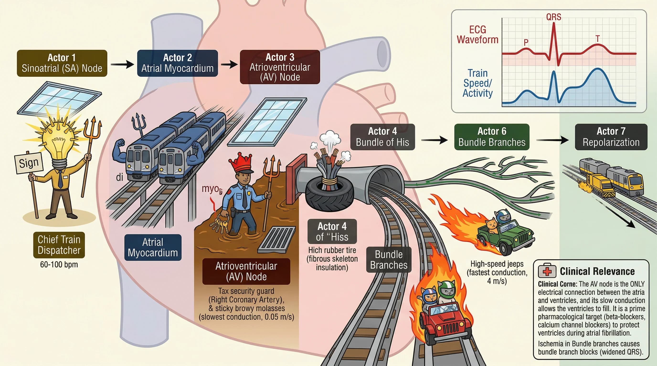 Visual mnemonic for Cardiac Conduction System SA Node AV Node Bundle of His Purkinje Fibers with ECG Correlation using Train / Subway Network analogy