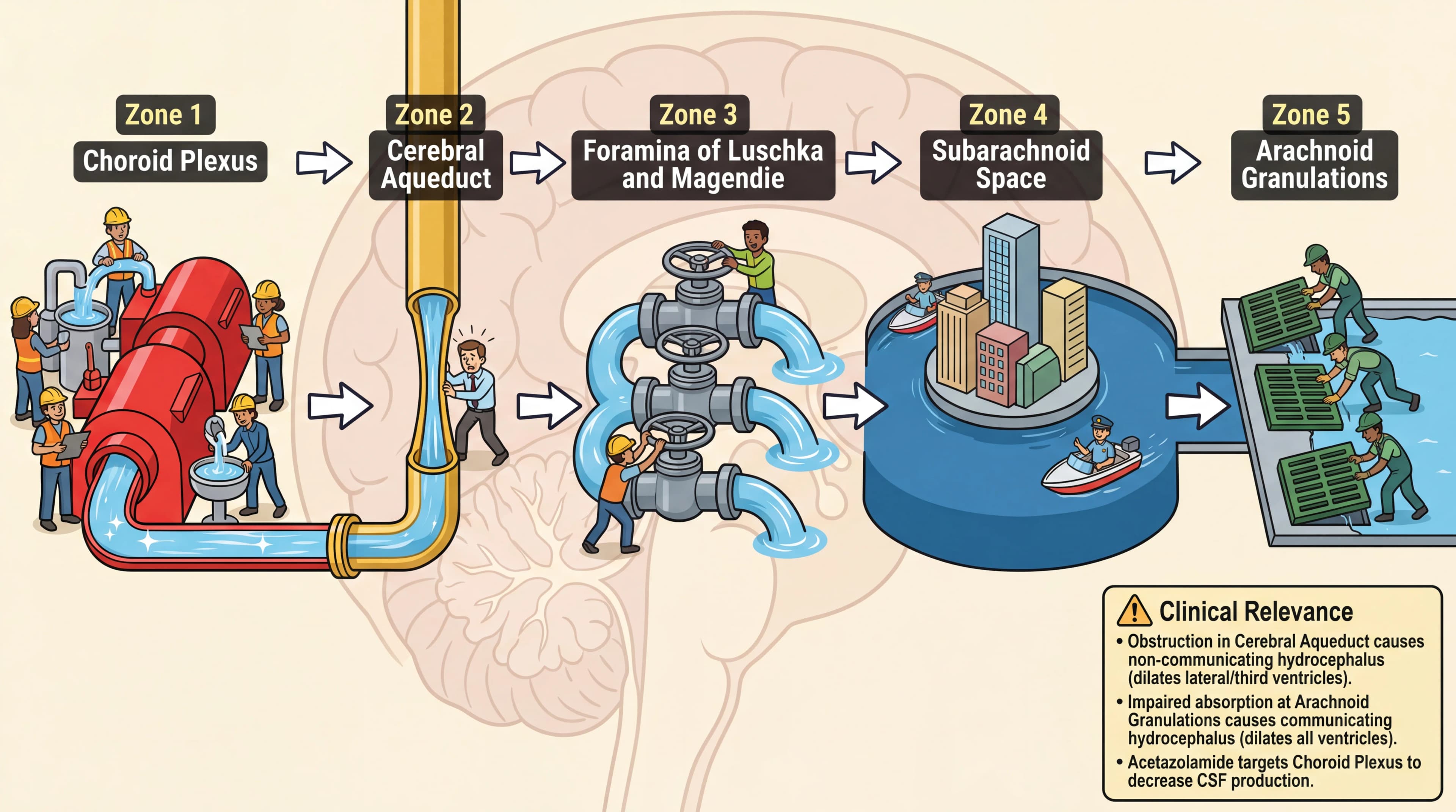 Visual mnemonic for Cerebrospinal Fluid Circulation using City Waterworks / Plumbing System analogy