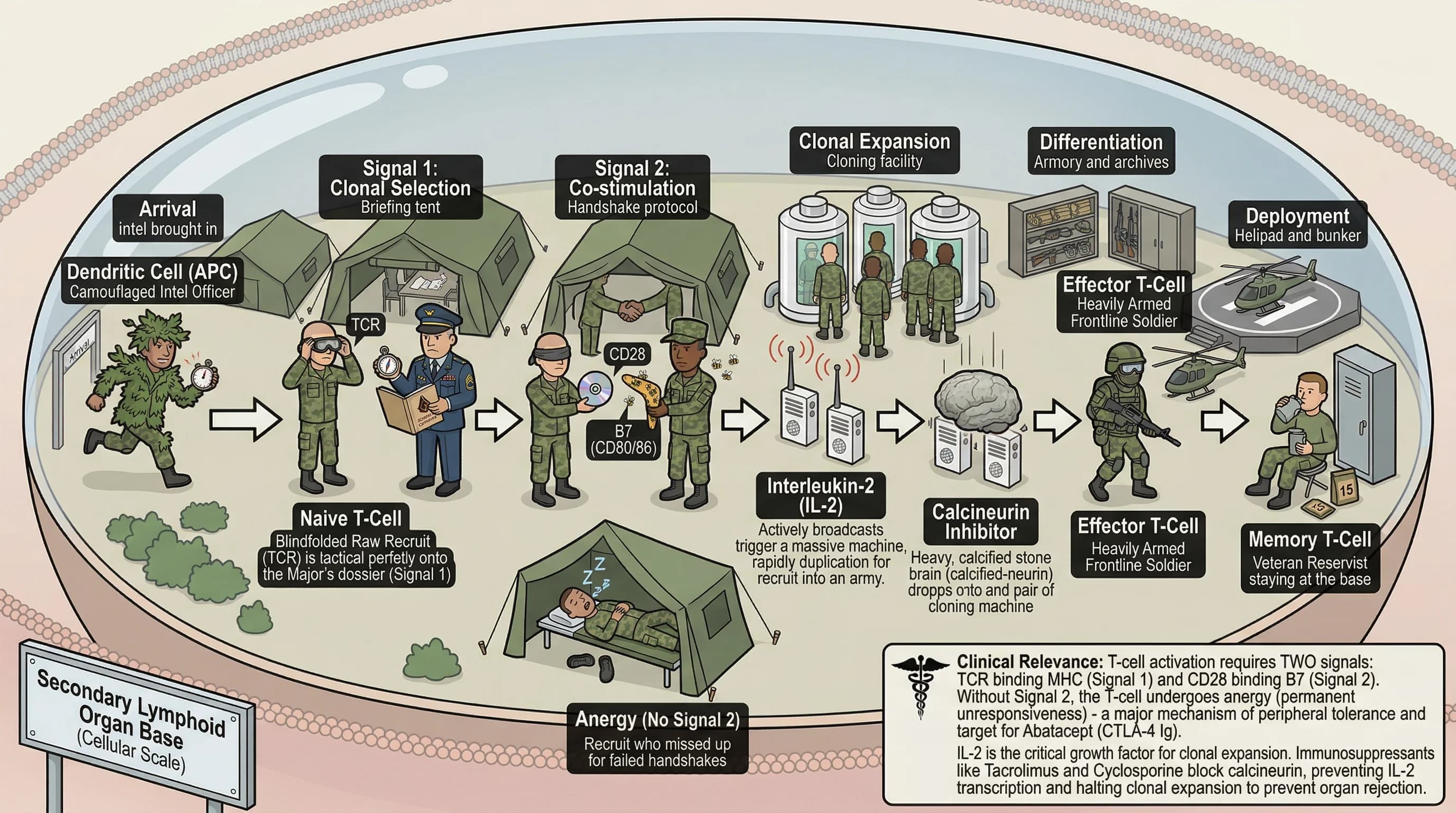 Visual mnemonic for Clonal Selection Theory Naive T-Cell Activation Clonal Expansion Effector vs Memory Differentiation using Military Recruitment & Deployment analogy