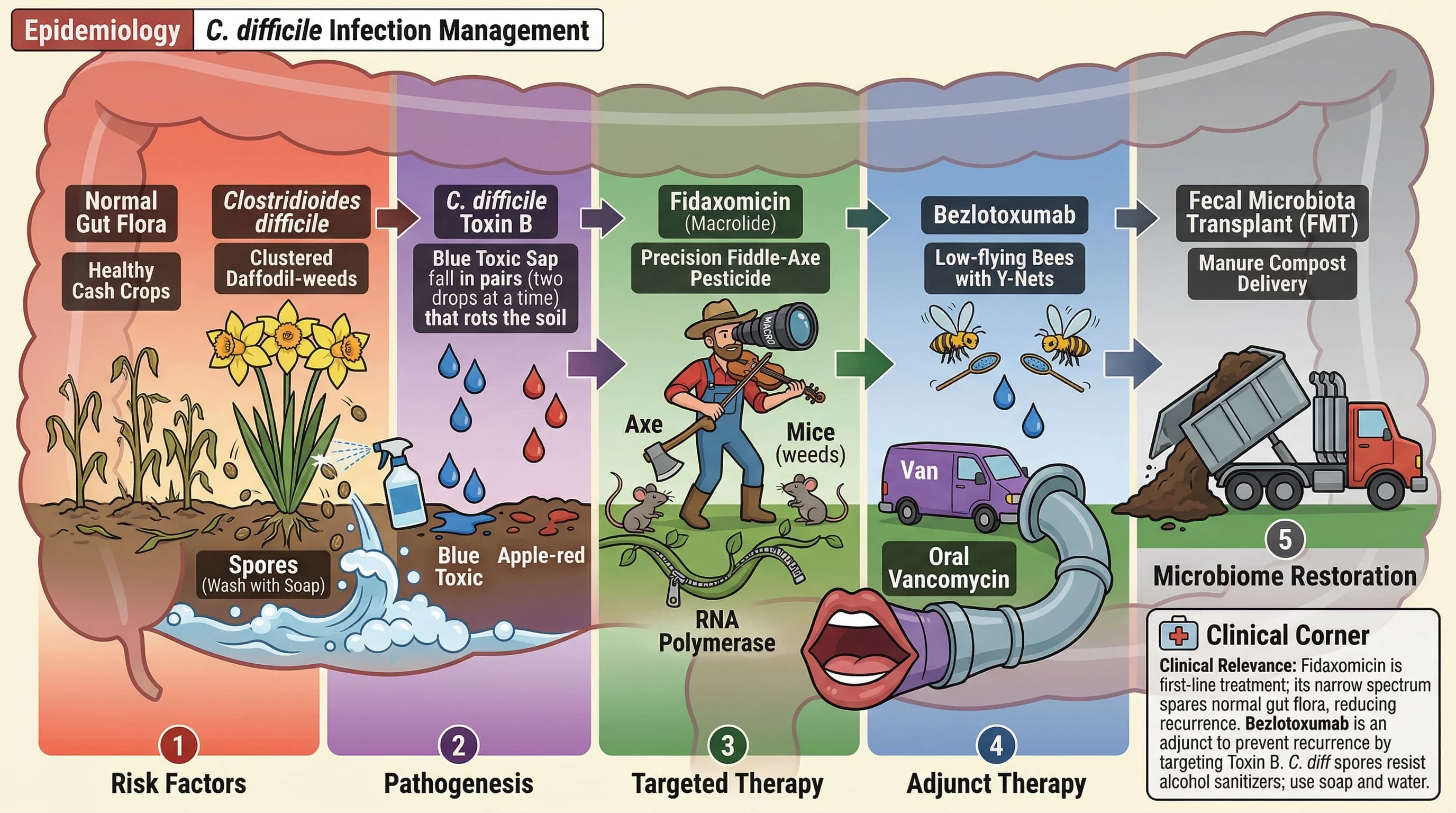 Visual mnemonic for Clostridioides difficile (Fidaxomicin FMT Bezlotoxumab Updated Management) using Agricultural Pest Control / Farming analogy