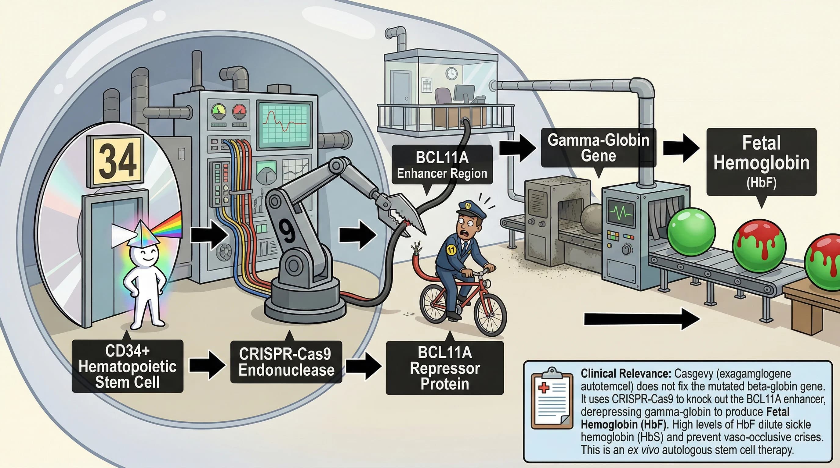 Visual mnemonic for CRISPR Gene Therapy Casgevy for Sickle Cell Disease using Factory / Assembly Line analogy