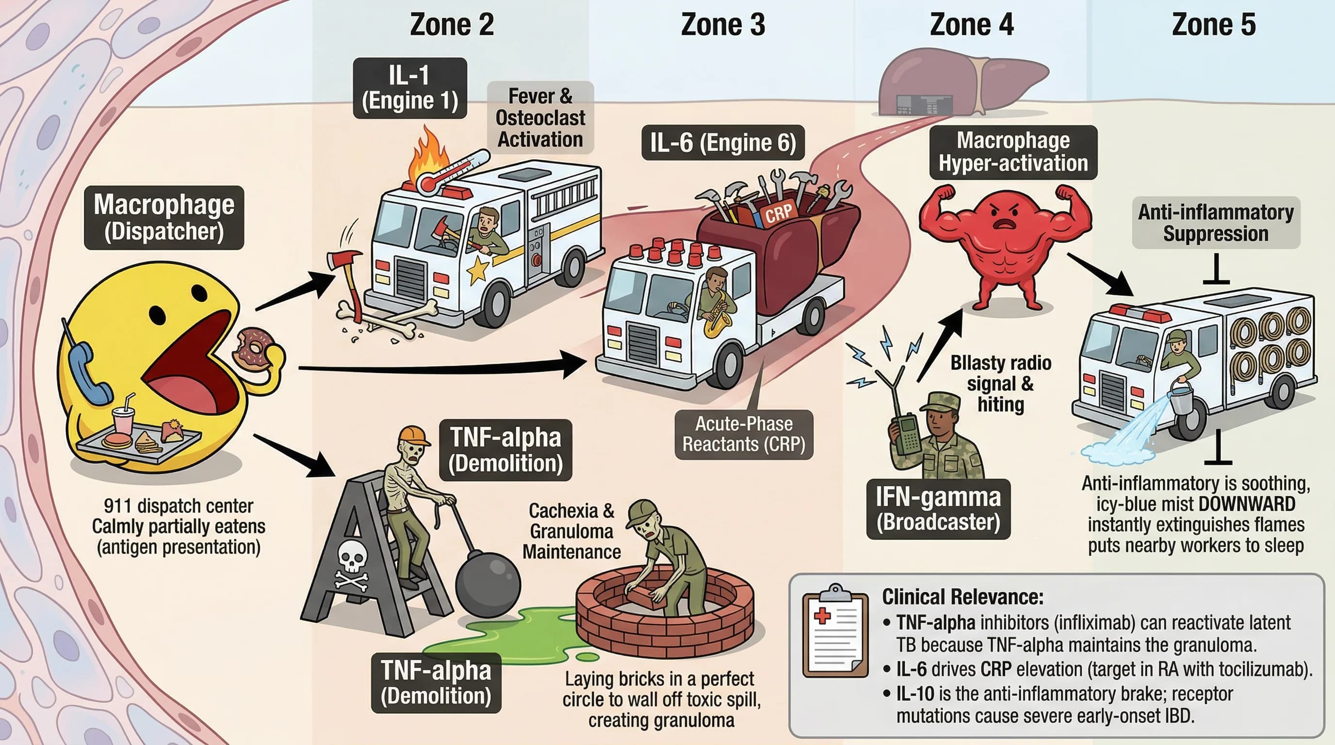 Visual mnemonic for Cytokine Families (IL-1 IL-6 TNF-alpha IFN-gamma IL-10) using Emergency Response / Fire Department analogy