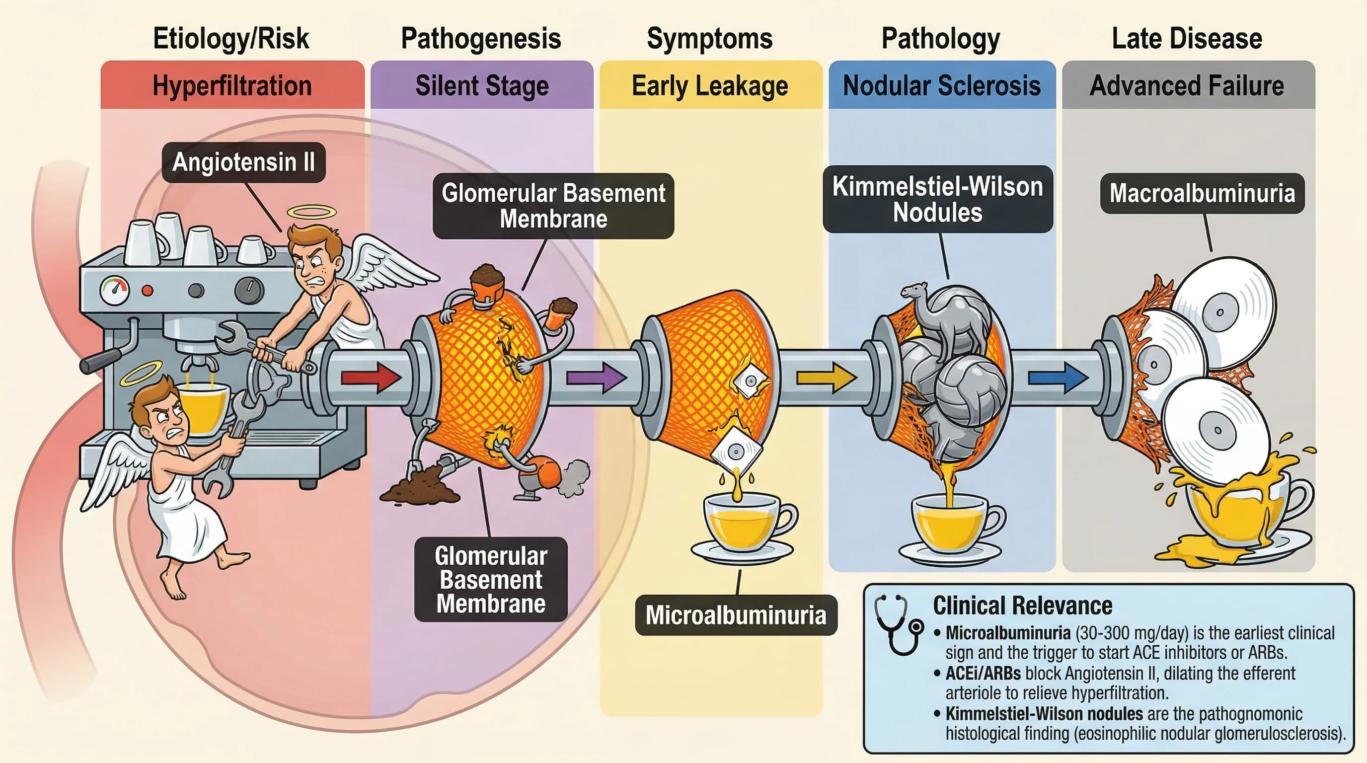 Visual mnemonic for Diabetic Nephropathy Clinical Presentation Screening and Staging using High-Pressure Espresso Machine / Coffee Filtration analogy