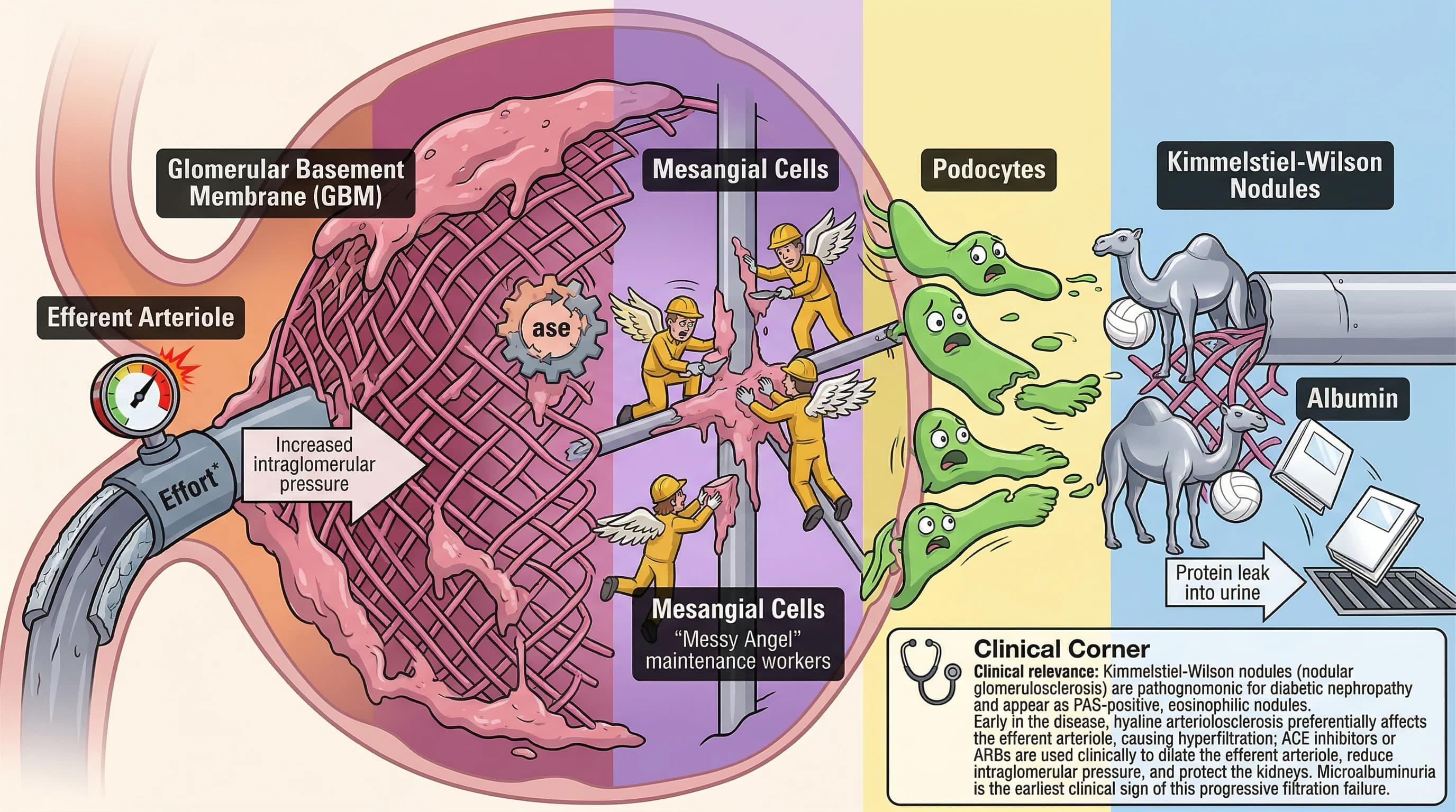 Visual mnemonic for Diabetic Nephropathy Histological Changes (Kimmelstiel-Wilson Nodules GBM Thickening) using Industrial Plumbing / Water Filtration analogy