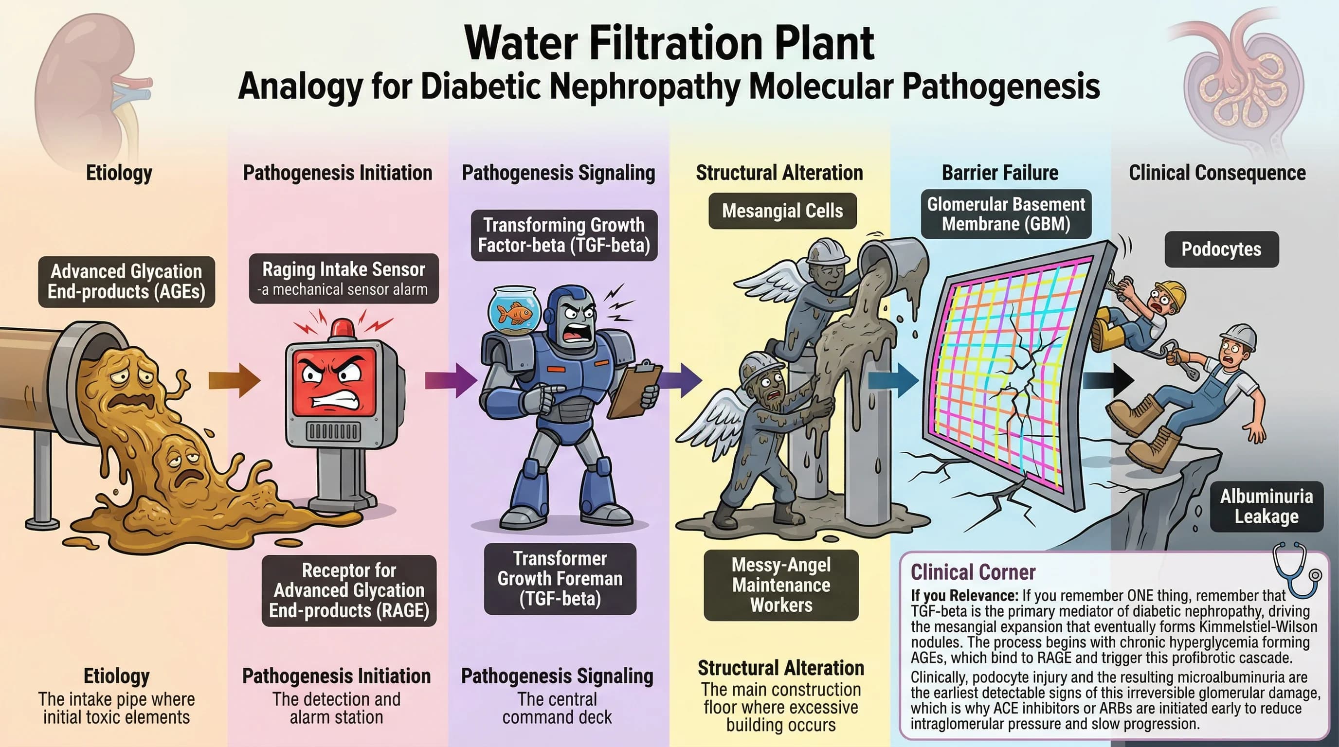 Visual mnemonic for Diabetic Nephropathy Molecular Pathogenesis (AGEs RAGE TGF-beta Podocyte Injury) using Water Filtration Plant analogy