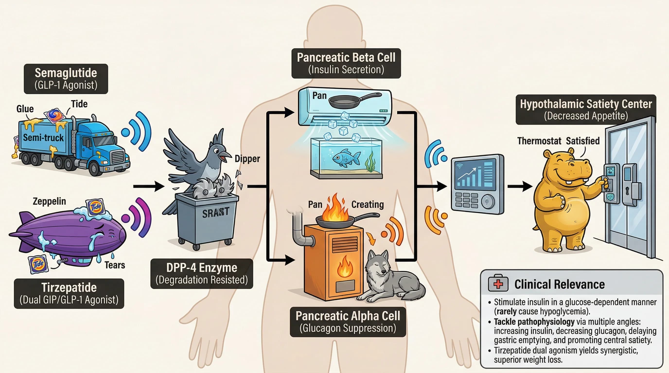 Visual mnemonic for GLP-1 Receptor Agonists (Semaglutide Tirzepatide Mechanism) using Smart Home Automation System analogy