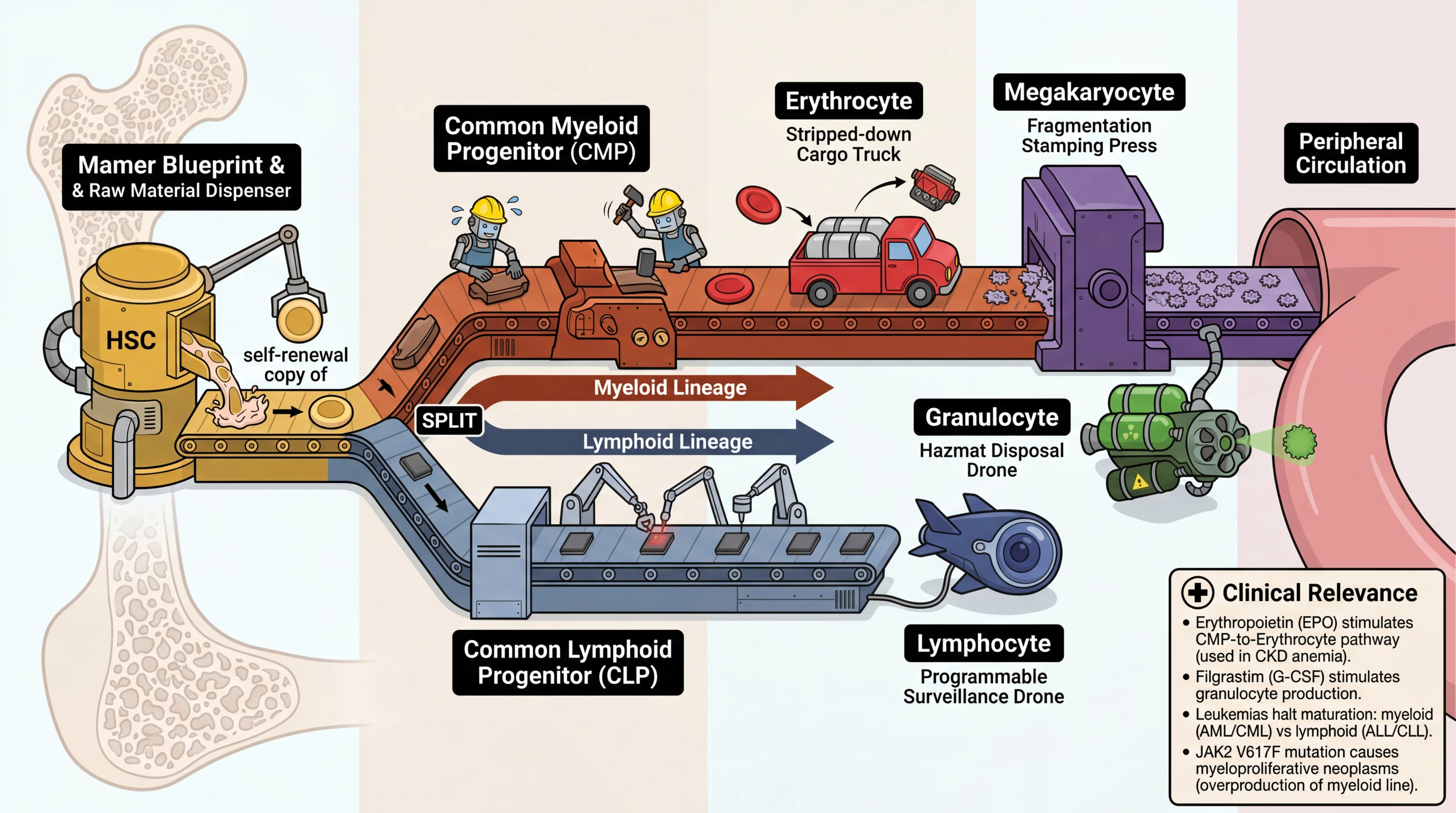 Visual mnemonic for Hematopoiesis (Stem Cell Differentiation to Blood Cell Lineages) using Factory / Assembly Line analogy
