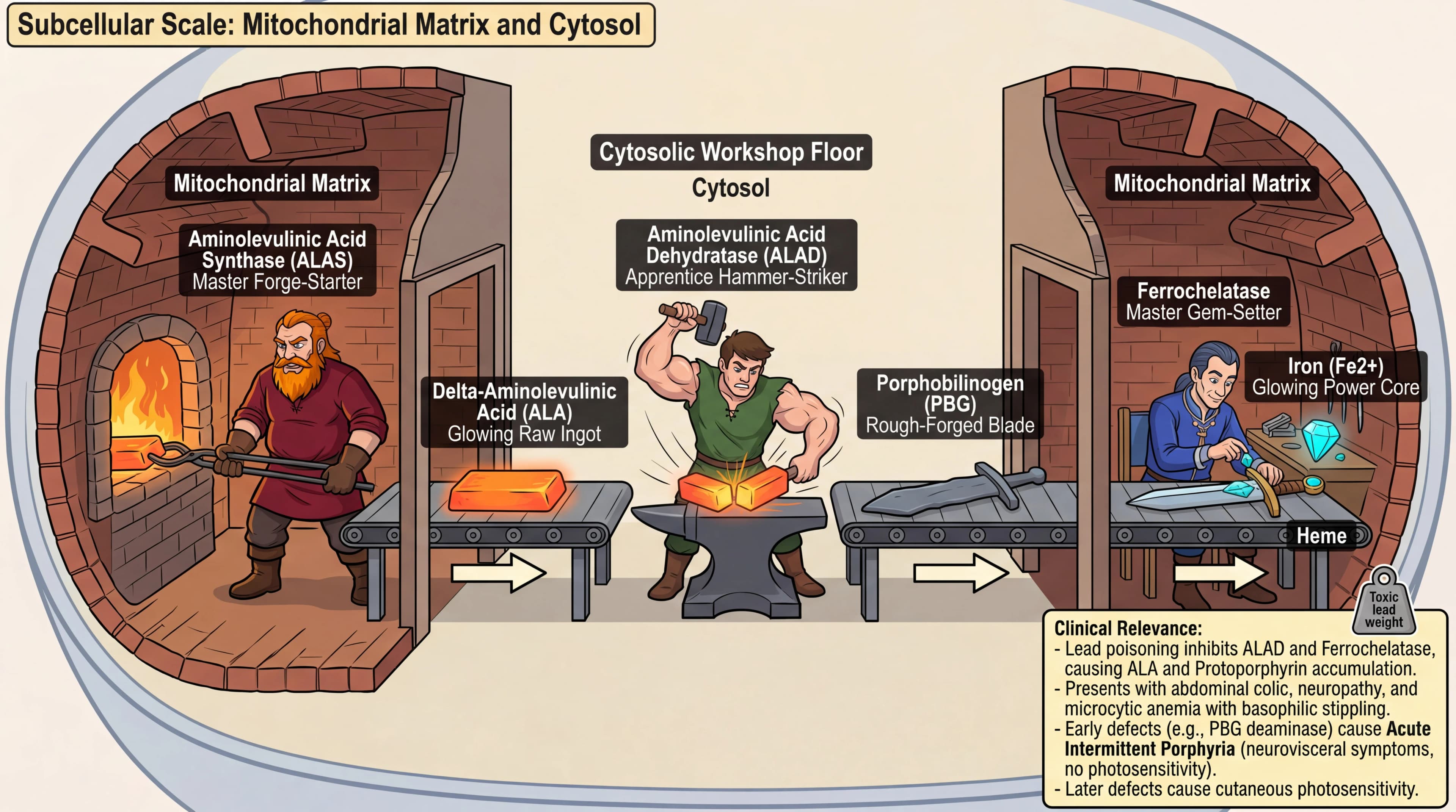 Visual mnemonic for Heme Synthesis Pathway using Blacksmithing / Weapon Forge analogy