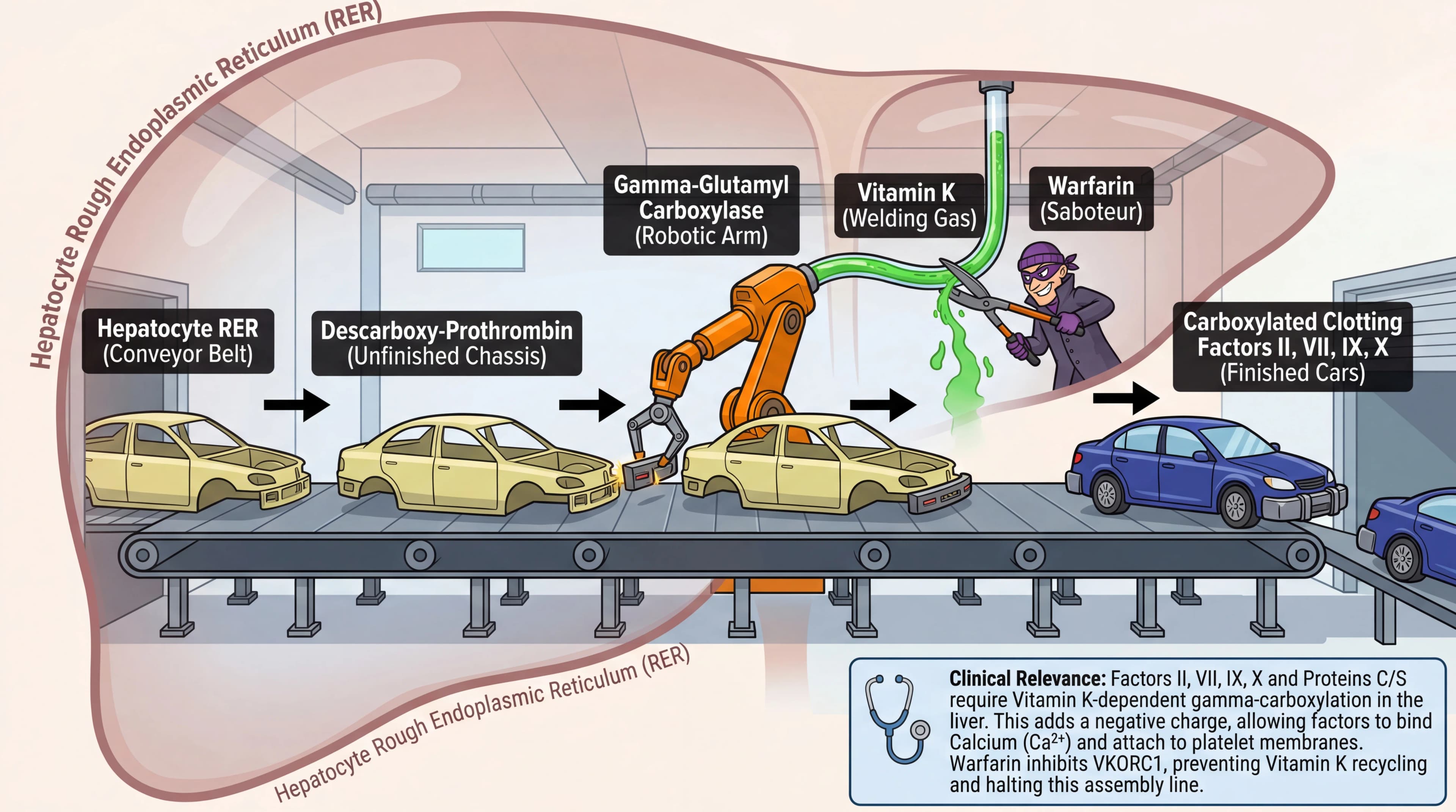 Visual mnemonic for Hepatic Clotting Factor Synthesis using Auto Assembly Line analogy