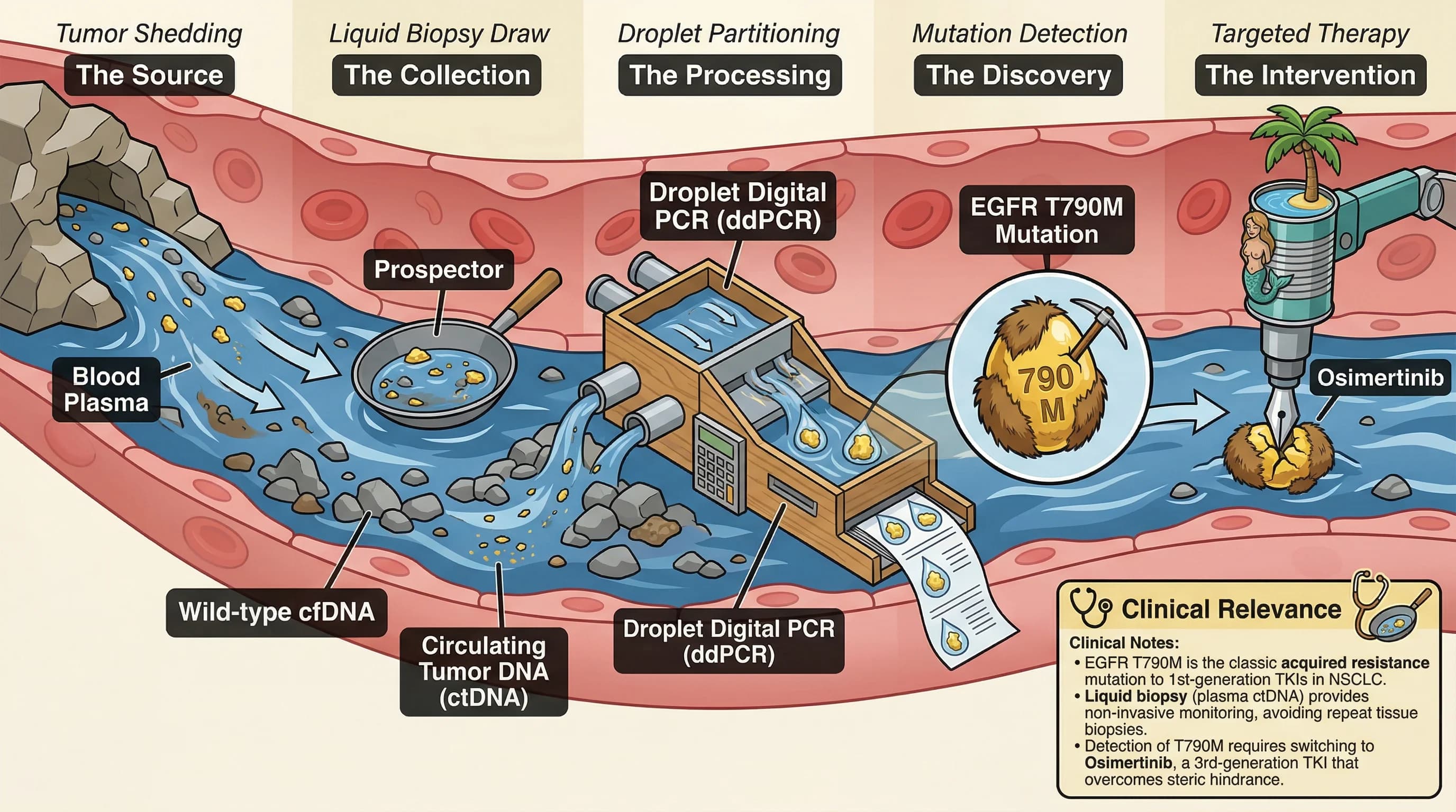 Visual mnemonic for Liquid Biopsy Circulating Tumor DNA Detection Pipeline (EGFR T790M Resistance Mutation) using Gold Mining / Prospecting analogy
