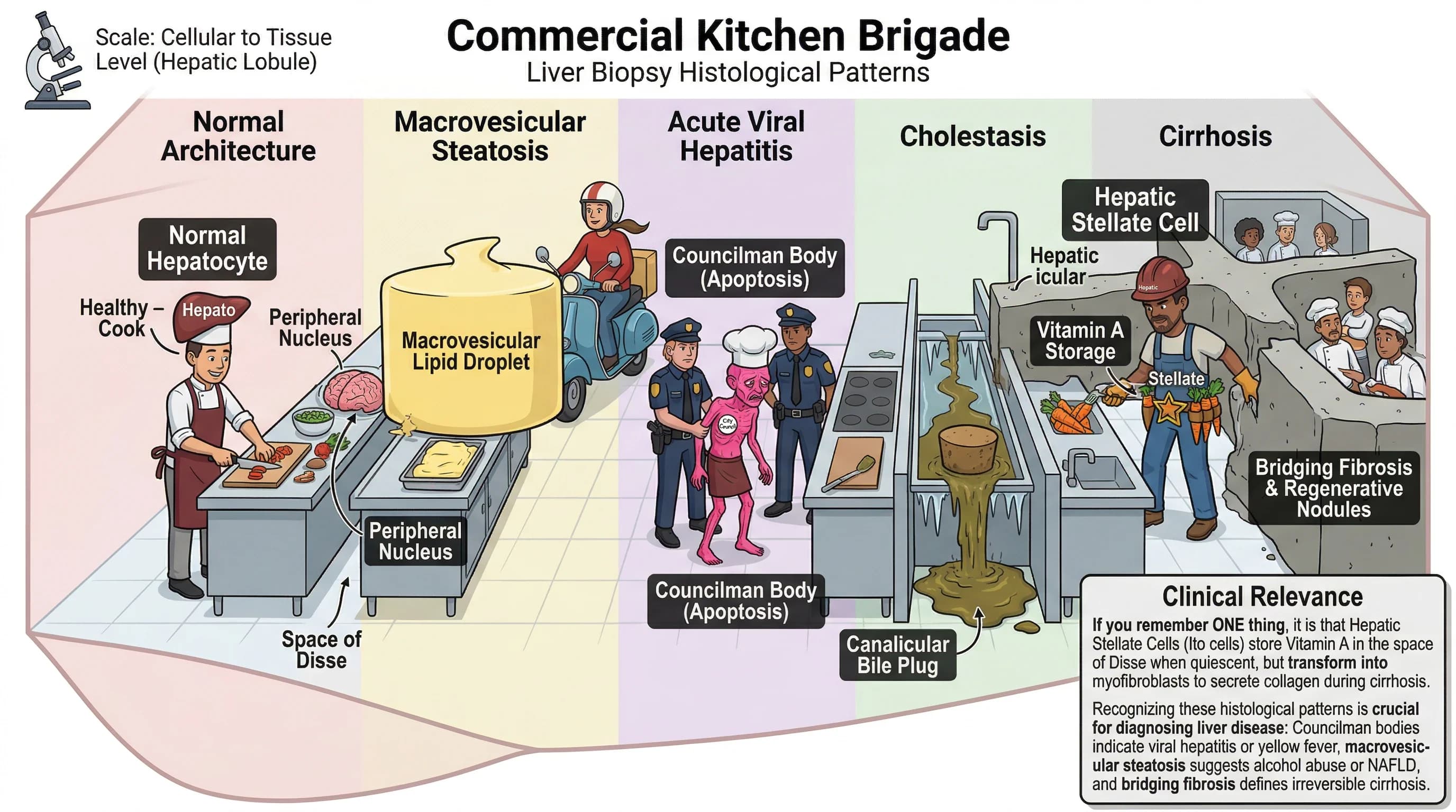 Visual mnemonic for Liver Biopsy Histological Patterns (Hepatitis vs Cirrhosis vs Steatosis vs Cholestasis) using Commercial Kitchen (Brigade) analogy