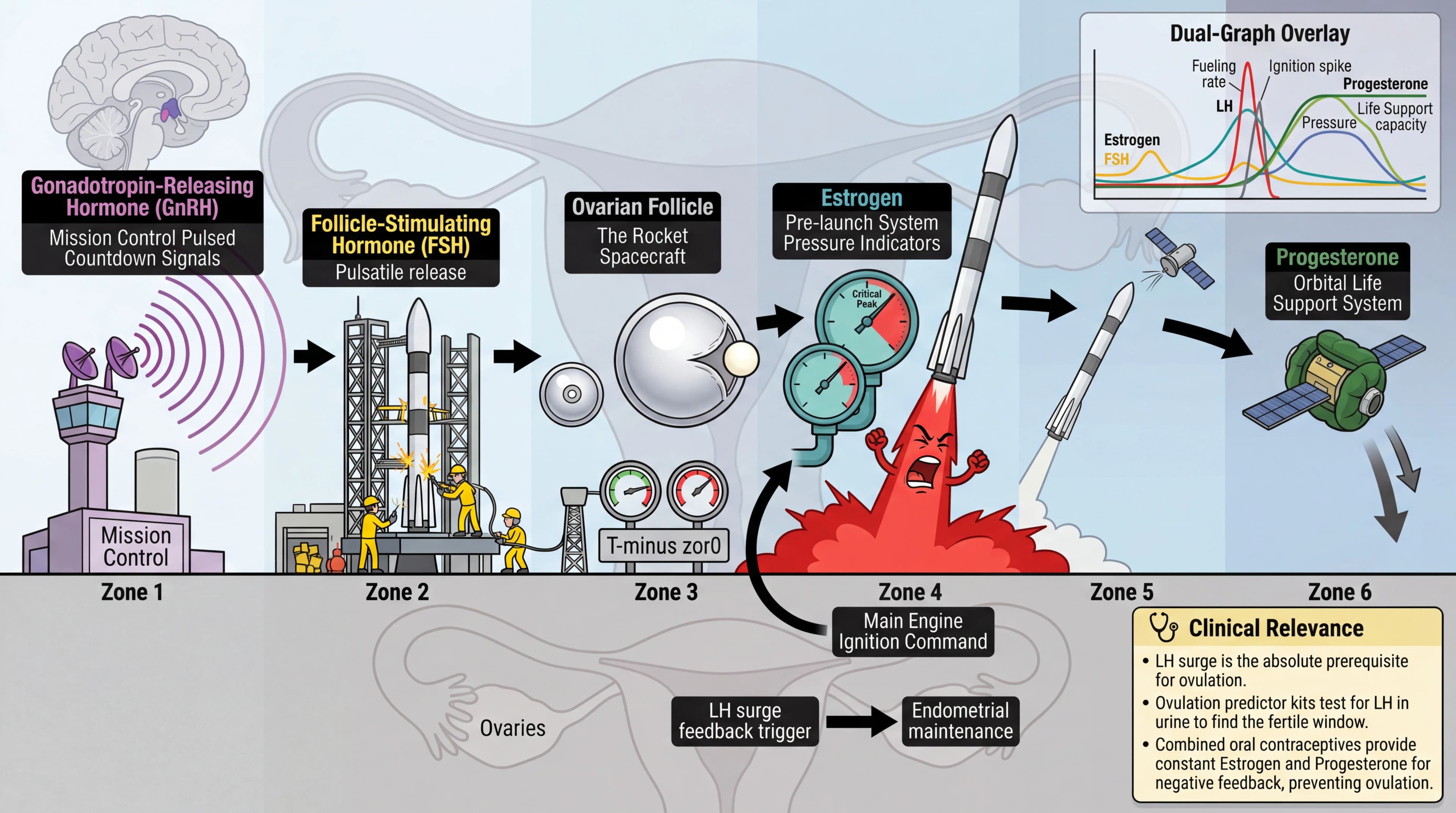 Visual mnemonic for Menstrual Cycle Hormones (FSH LH Estrogen Progesterone) using Space Mission (Rocket Launch) analogy
