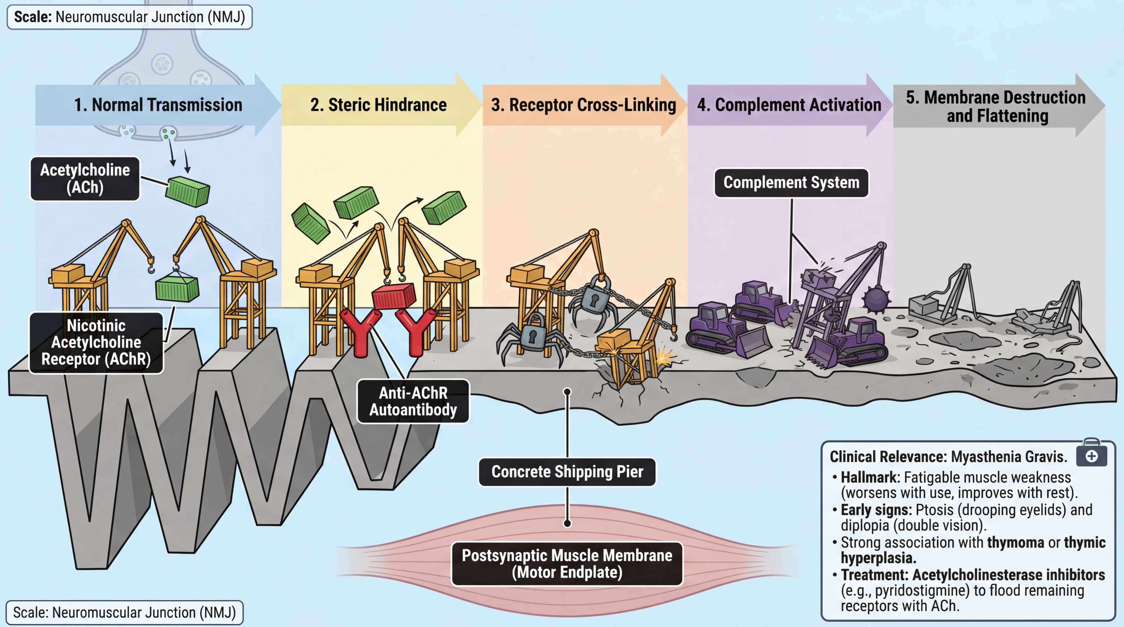 Visual mnemonic for Myasthenia Gravis (Anti-AChR Antibody Attack) using Shipping Port / Cargo Docks analogy