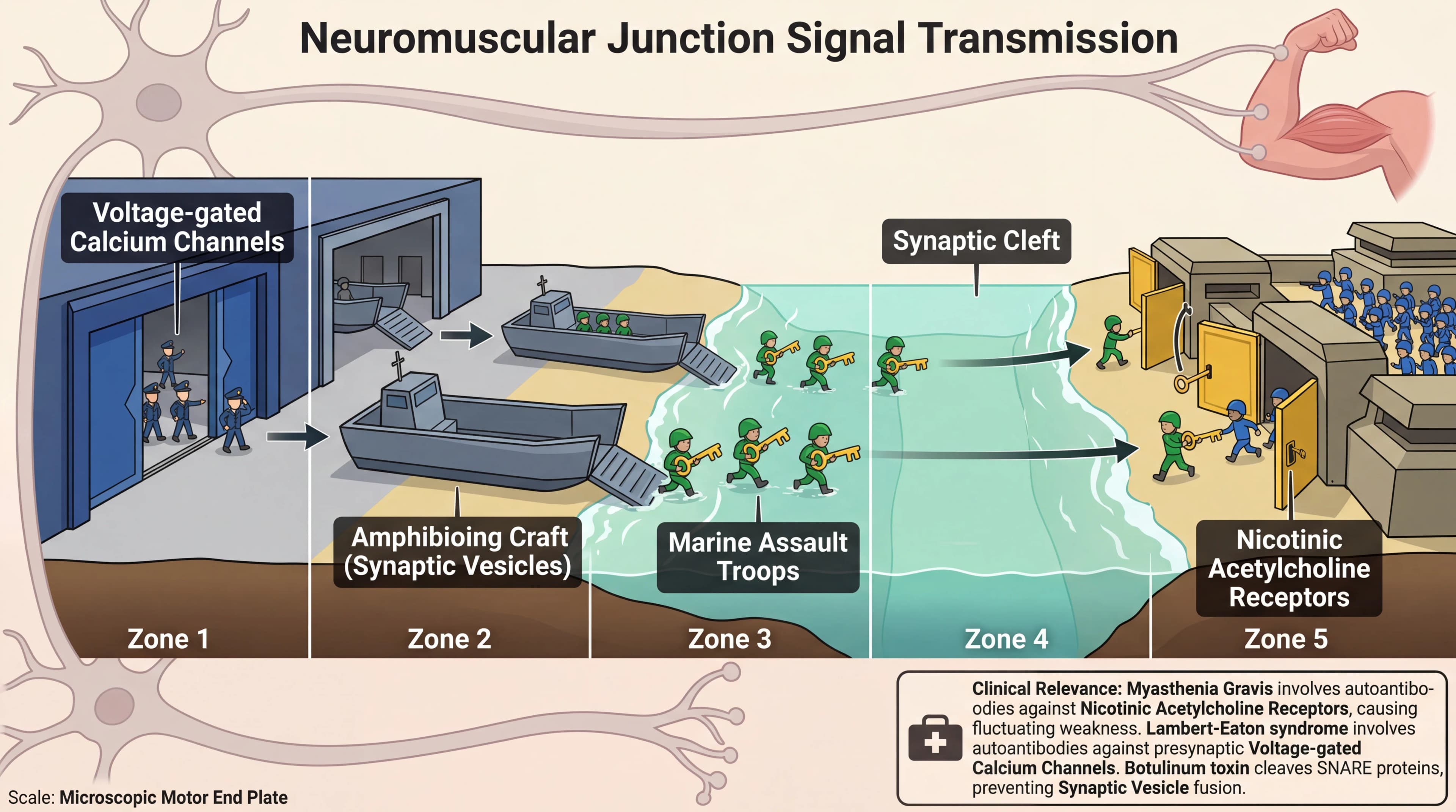 Visual mnemonic for Neuromuscular Junction Signal Transmission using Amphibious Military Assault analogy
