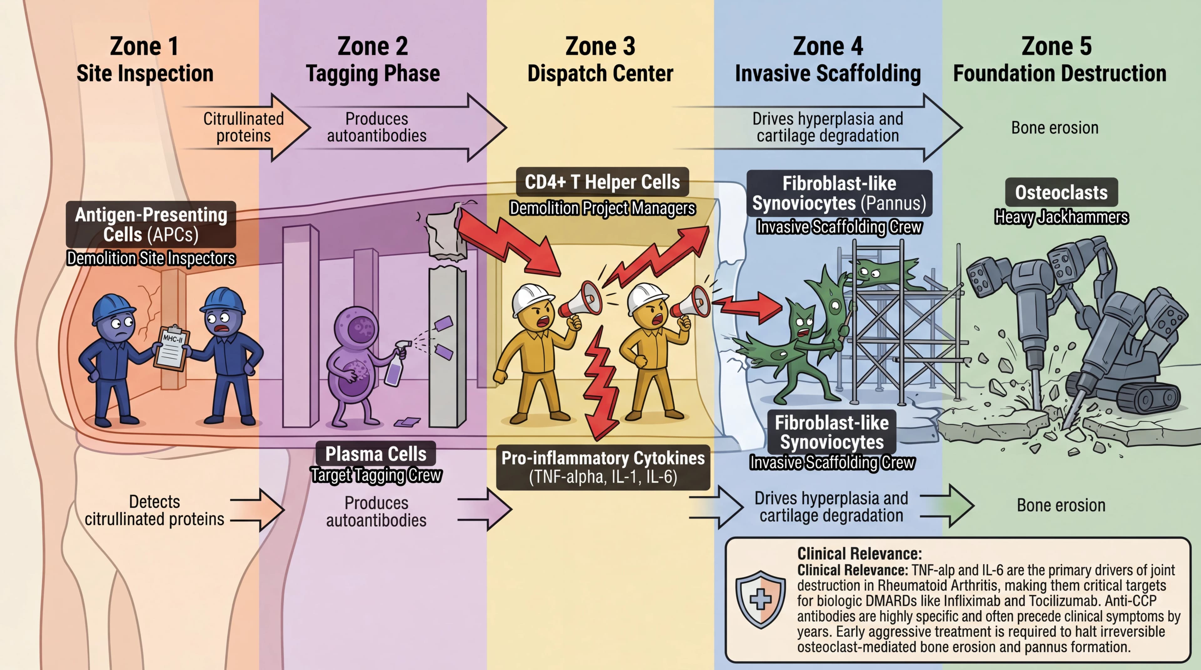 Visual mnemonic for Rheumatoid Arthritis Pathophysiology using Coordinated Building Demolition analogy