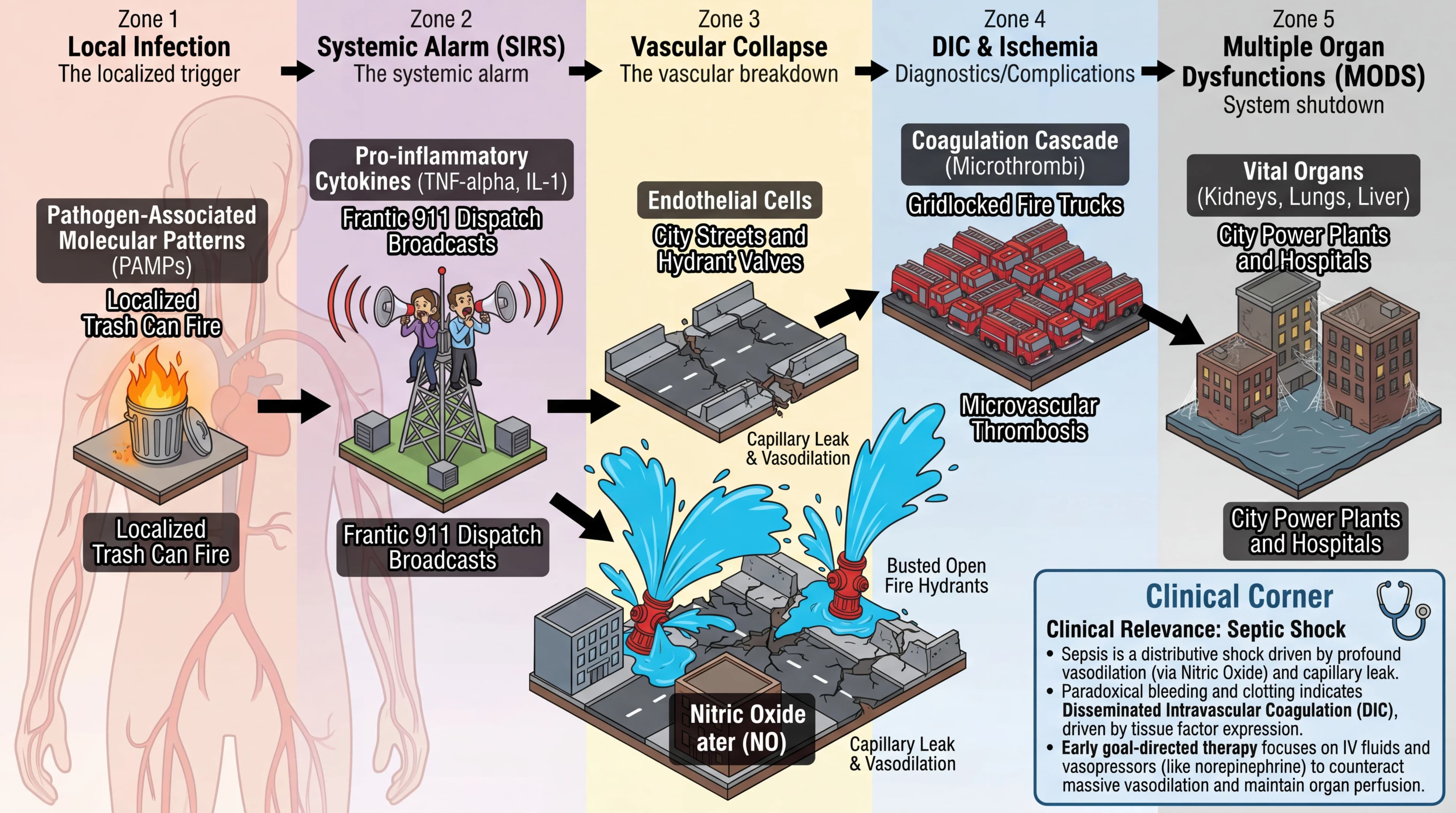 Visual mnemonic for Sepsis Cascade (SIRS to Organ Failure) using Overzealous Firefighting Response (City Emergency) analogy