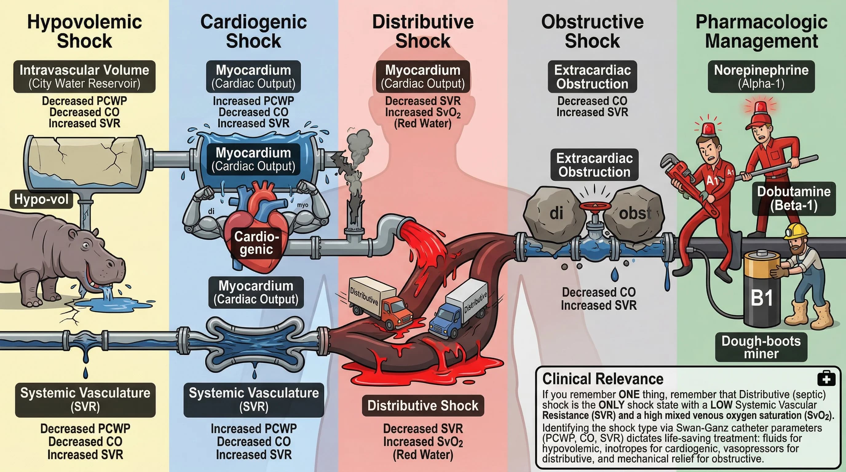Visual mnemonic for Shock Classification and Management (Hypovolemic Cardiogenic Distributive Obstructive) using Municipal Water Supply System analogy