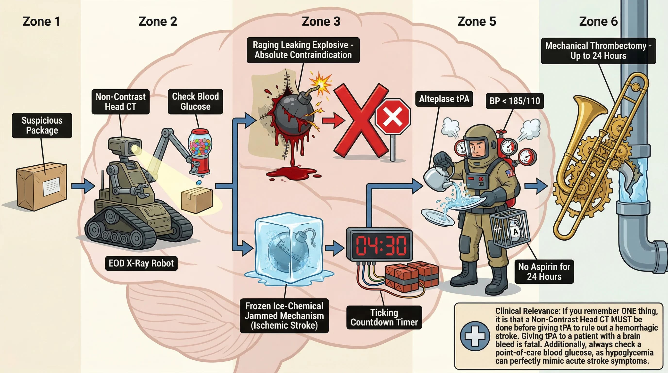 Visual mnemonic for Stroke Evaluation Algorithm (Ischemic vs Hemorrhagic tPA Decision Window) using Bomb Squad / Explosive Ordnance Disposal (EOD) analogy