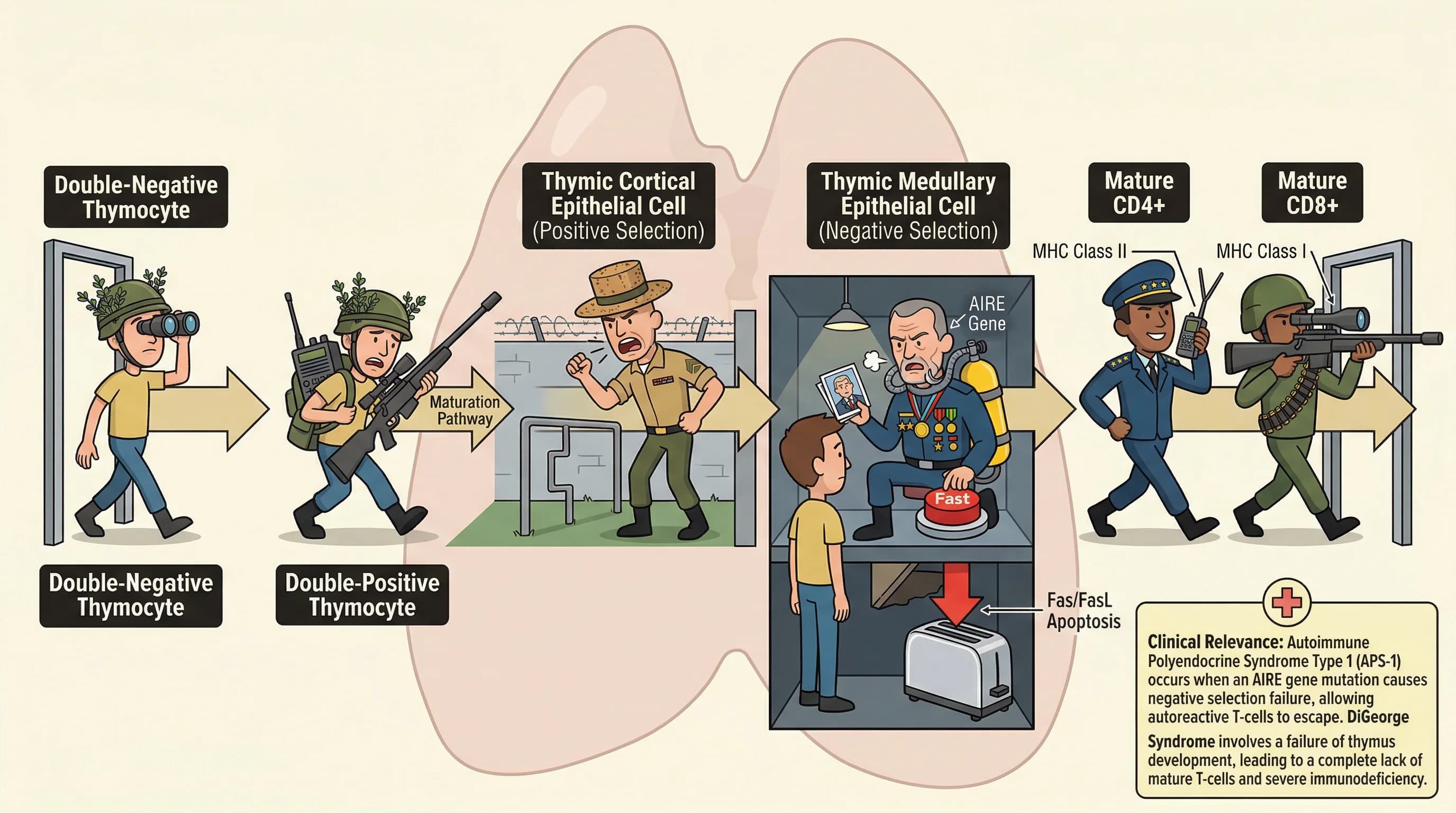 Visual mnemonic for T-Cell Maturation and Selection (Thymus Positive Negative Selection CD4 CD8) using Military Boot Camp / Special Forces Training analogy