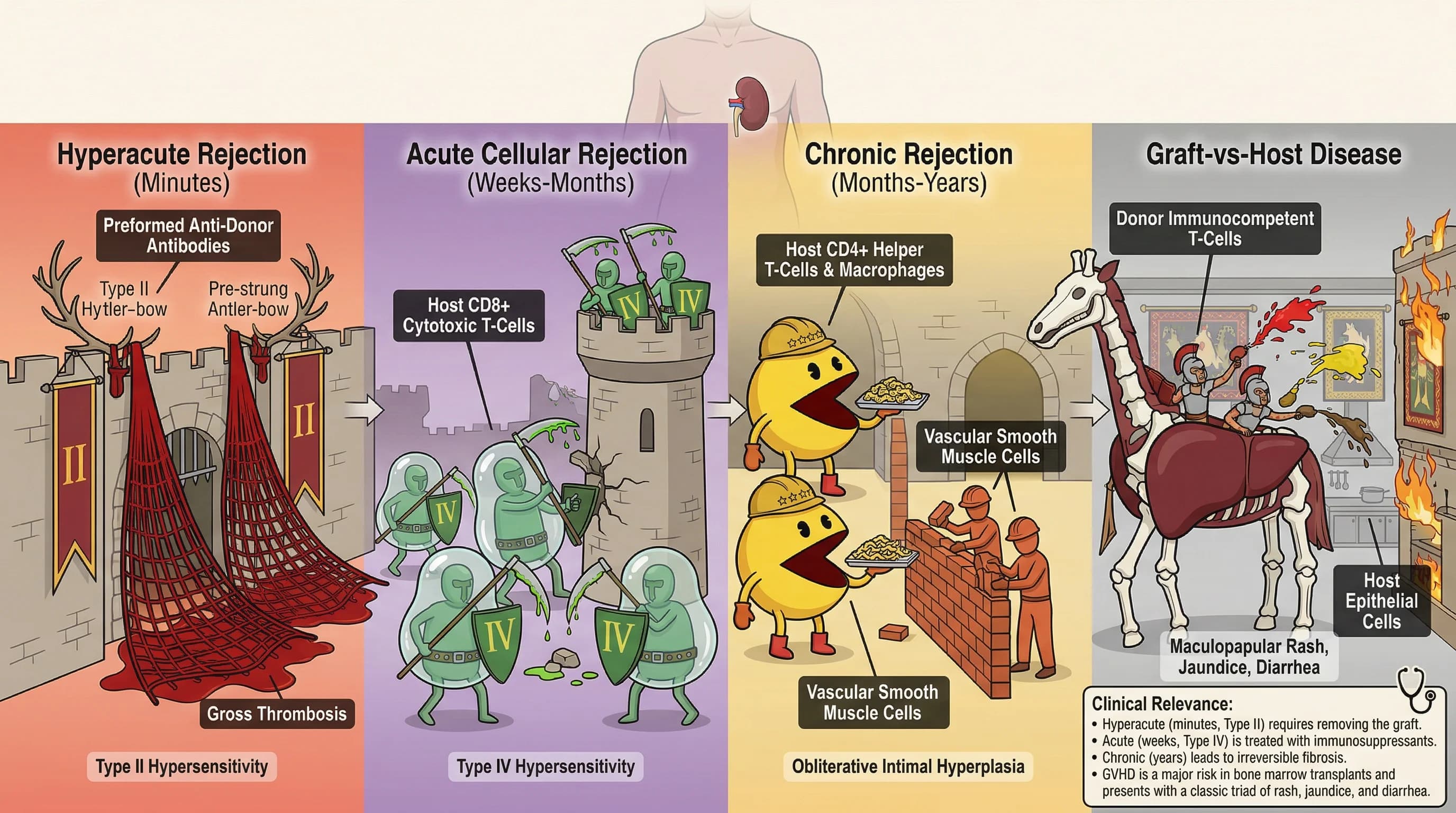 Visual mnemonic for Transplant Rejection Hyperacute Acute Chronic and Graft-vs-Host Disease using Castle Defense & Siege (with a Trojan Horse) analogy