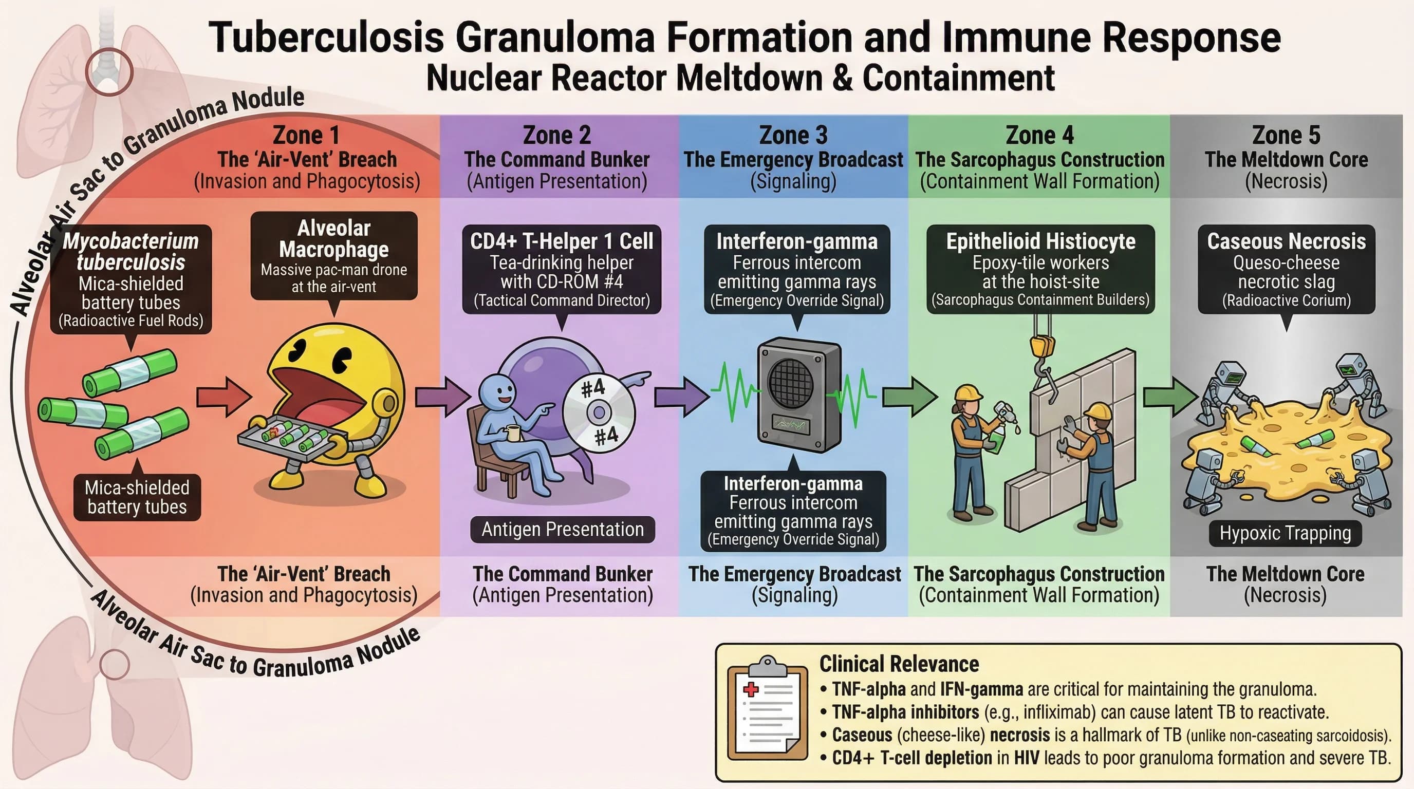 Visual mnemonic for Tuberculosis Granuloma Formation and Immune Response using Nuclear Reactor Meltdown & Containment analogy