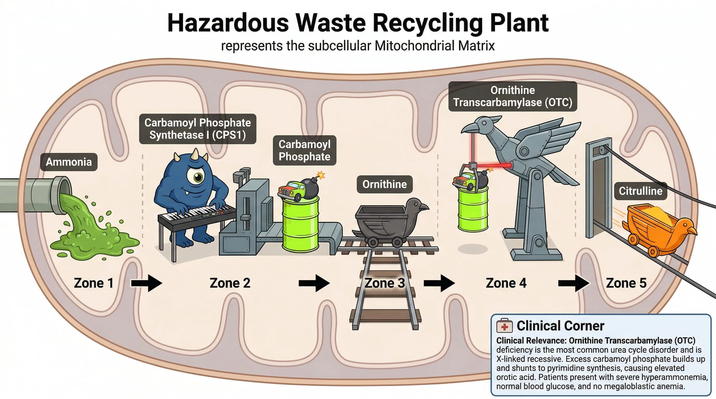 Visual mnemonic for Urea Cycle (Ornithine Transcarbamylase Pathway) using Hazardous Waste Recycling Plant analogy
