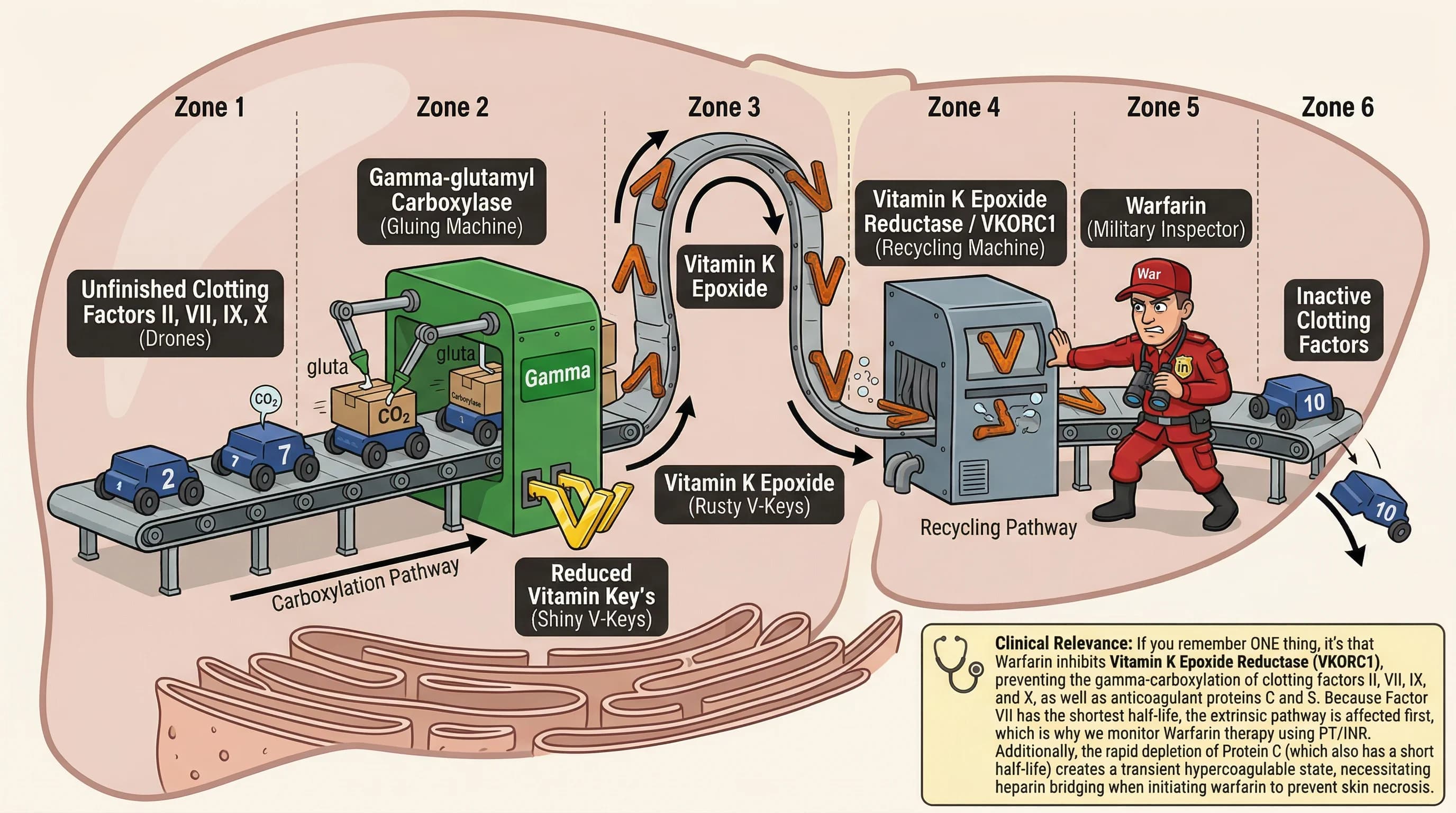 Visual mnemonic for Warfarin Mechanism of Action (Vitamin K Antagonism) using Factory / Assembly Line analogy