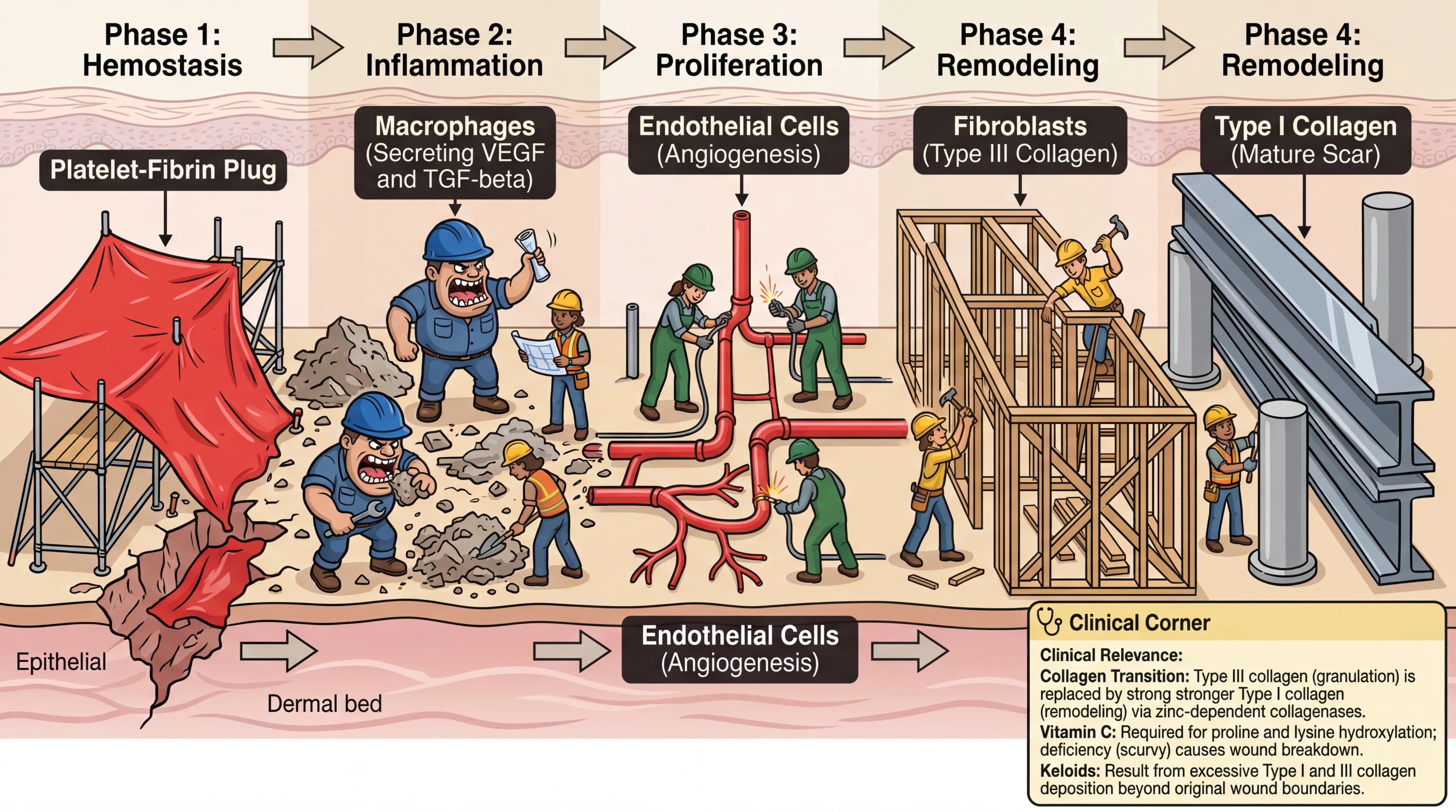 Visual mnemonic for Wound Healing Phases (Hemostasis Inflammation Proliferation Remodeling) using Construction Site / Building Repair analogy